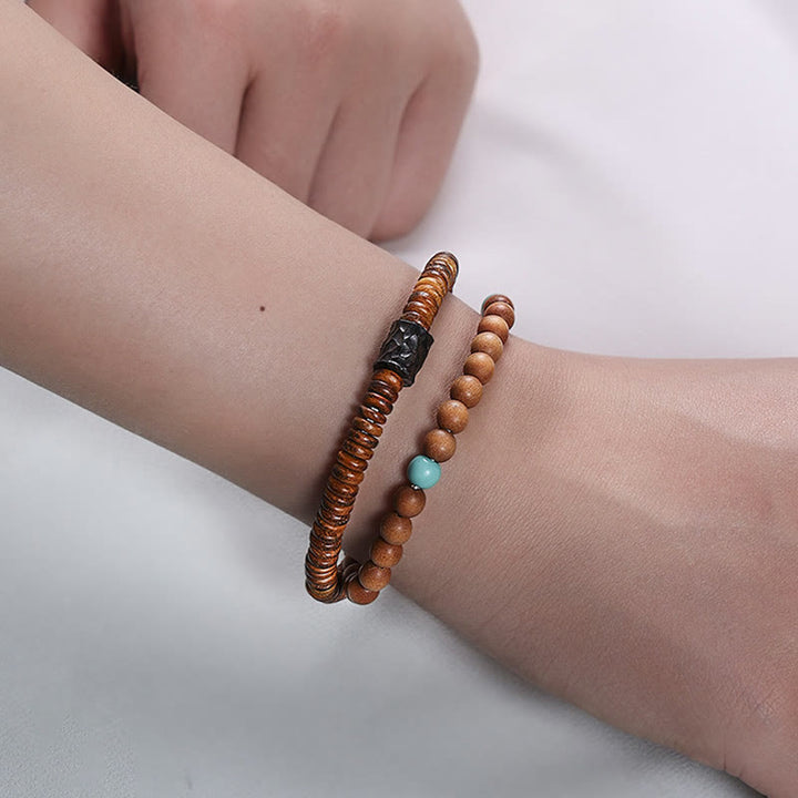 Pulsera de doble vuelta con protección de sándalo, turquesa y sándalo rojo de hoja pequeña con Buddha Stones