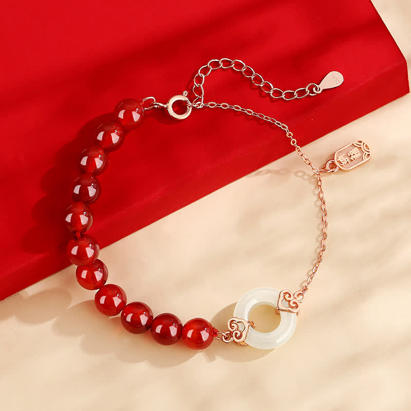Pulsera de confianza con hebilla de paz de jade blanco de ágata roja natural de plata de ley 925