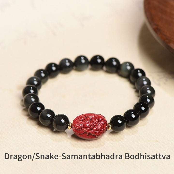 Pulsera de purificación de cinabrio de obsidiana negra Natural de Buda natal del zodiaco chino con Buddha Stones