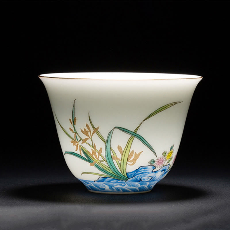 Taza de té de cerámica de porcelana azul y blanca, Buddha Stones, flores coloridas, orquídeas, olas del mar, taza de té de Kung Fu