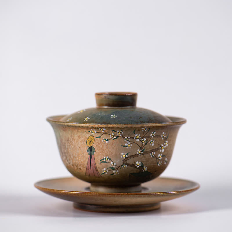 Buddha Stones Jingdezhen Pintado A Mano Ru Horno Porcelana Hanfu Niña Flor Cerámica Gaiwan Sancai Taza De Té Kung Fu Taza De Té Y Platillo Con Tapa