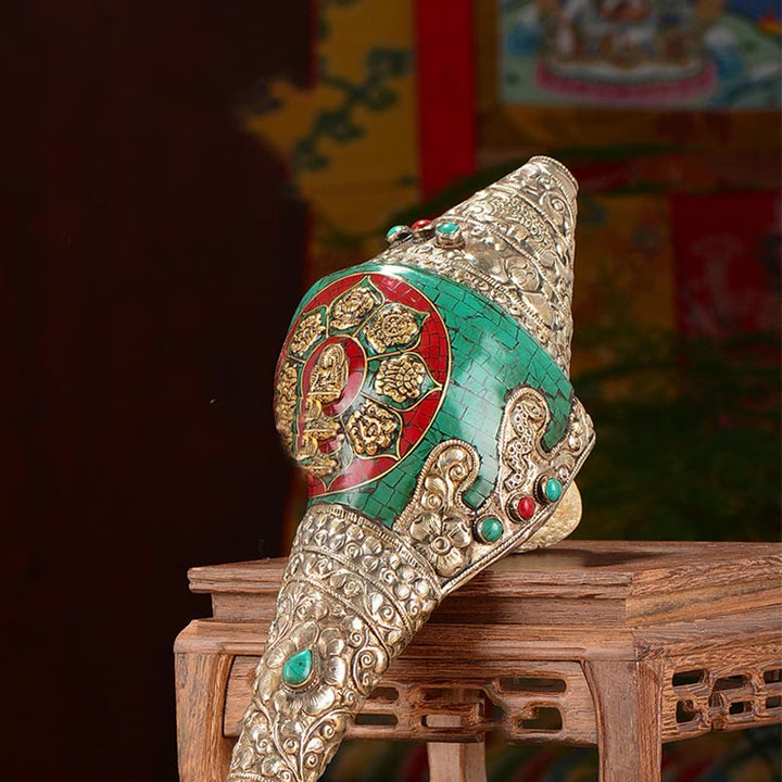 Tibetano hecho a mano grabado Shankha doble Dorje Buda Concha riqueza decoración positiva - image 11