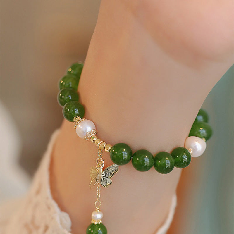 Pulsera de fuerza de coraje de mariposa con perlas de calcedonia verde natural de Buddha Stones