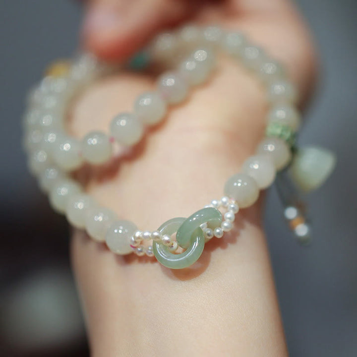 Pulsera de doble vuelta con doble hebilla de la paz y jade hetiano de plata de ley 925 con Buddha Stones