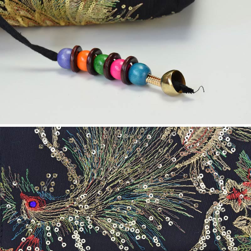 Bolso de mano con bordado de doble cara de pavo real con Buddha Stones, bolso bandolera