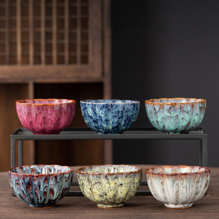 Tazas de té de cerámica con diseño de flor de melocotón y Buddha Stones