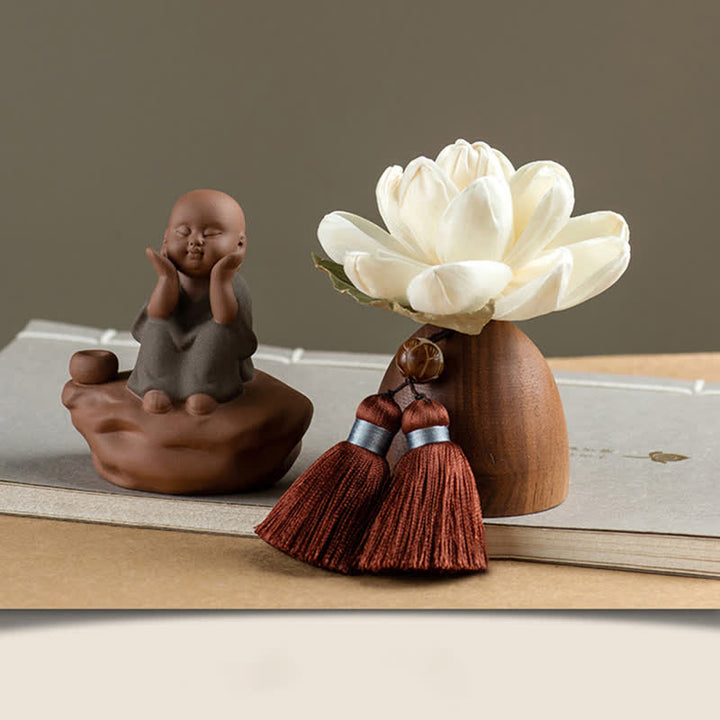 Decoraciones de cura calmante de flor de Buda de madera de melocotón negro - Pequeño monje sentado - image 17