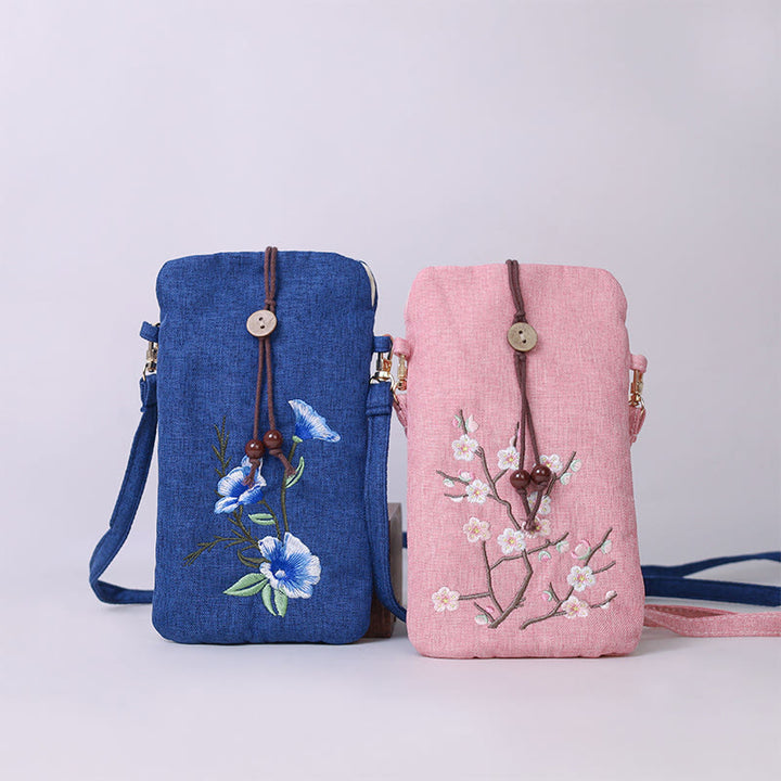 Buddha Stones, pequeñas flores bordadas, bolso de hombro, bolso para teléfono móvil, 11*20cm
