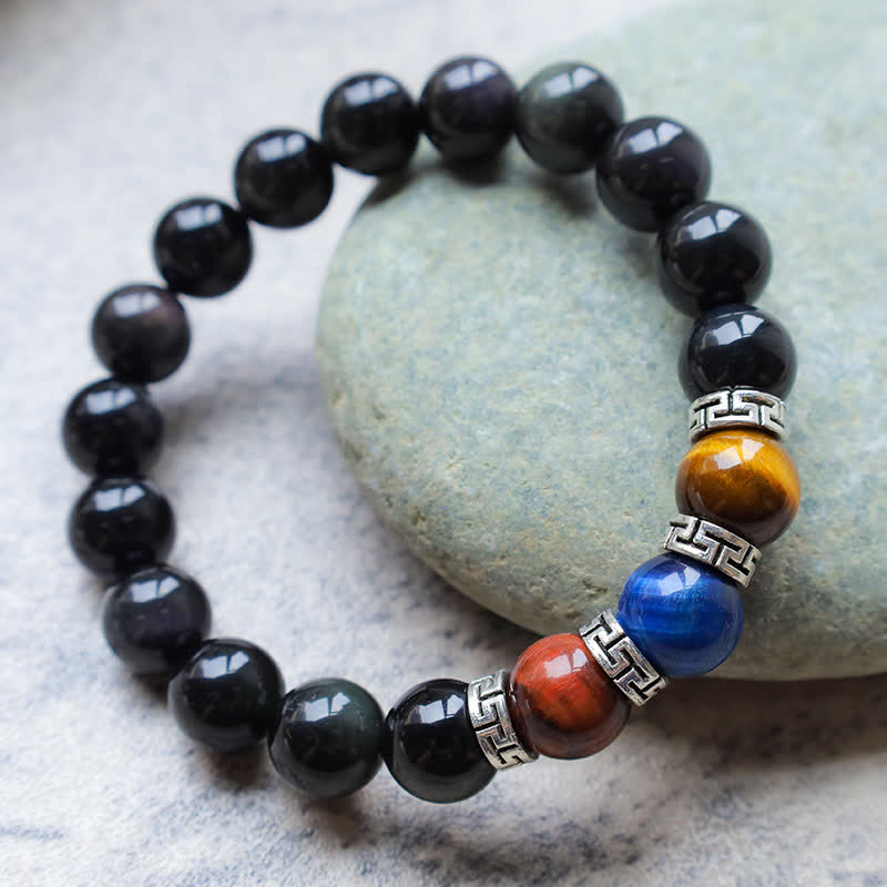 Pulsera de fuerza de ojo de tigre tricolor de obsidiana negra natural