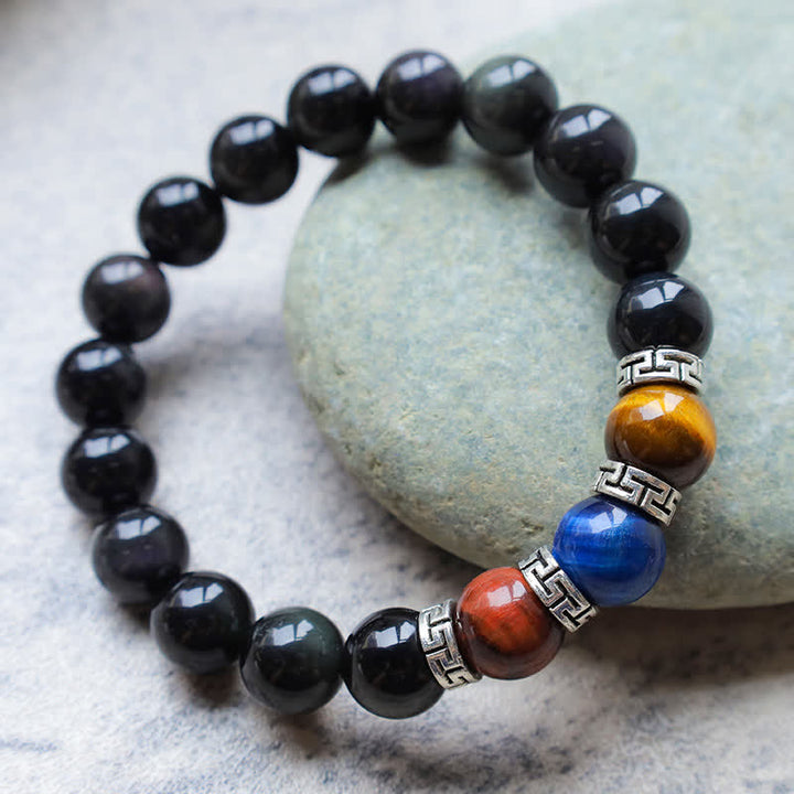 Pulsera de fuerza de ojo de tigre tricolor de obsidiana negra natural