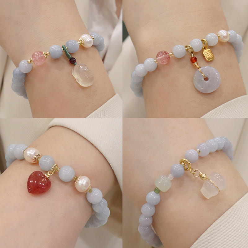Pulsera con dije de gato, calabaza, conejo, calcedonia, aguamarina natural , Buddha Stones - image 1
