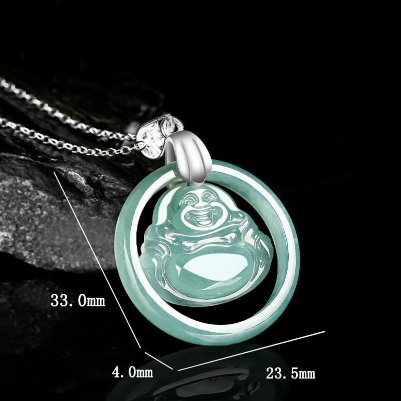 Buddha Stones de plata de ley 925, colgante de collar de cadena de abundancia de Buda sonriente redondo de Jade Natural