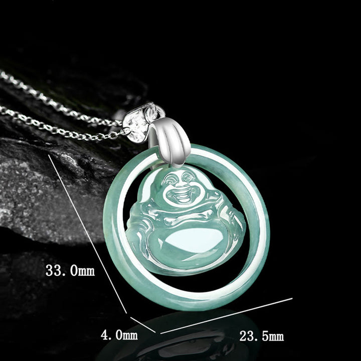Buddha Stones de plata de ley 925, colgante de collar de cadena de abundancia de Buda sonriente redondo de Jade Natural