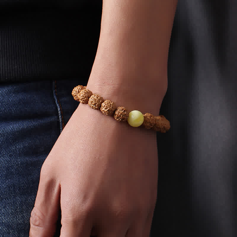 Buddha Stones Tíbet Rudraksha Bodhi Semilla Dzi Cuenta Ámbar Turquesa Pulsera de Riqueza