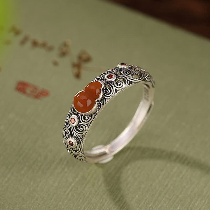 Anillo auspicioso de bendición de calabaza de jade cian de ágata roja de plata de ley 925 - image 2